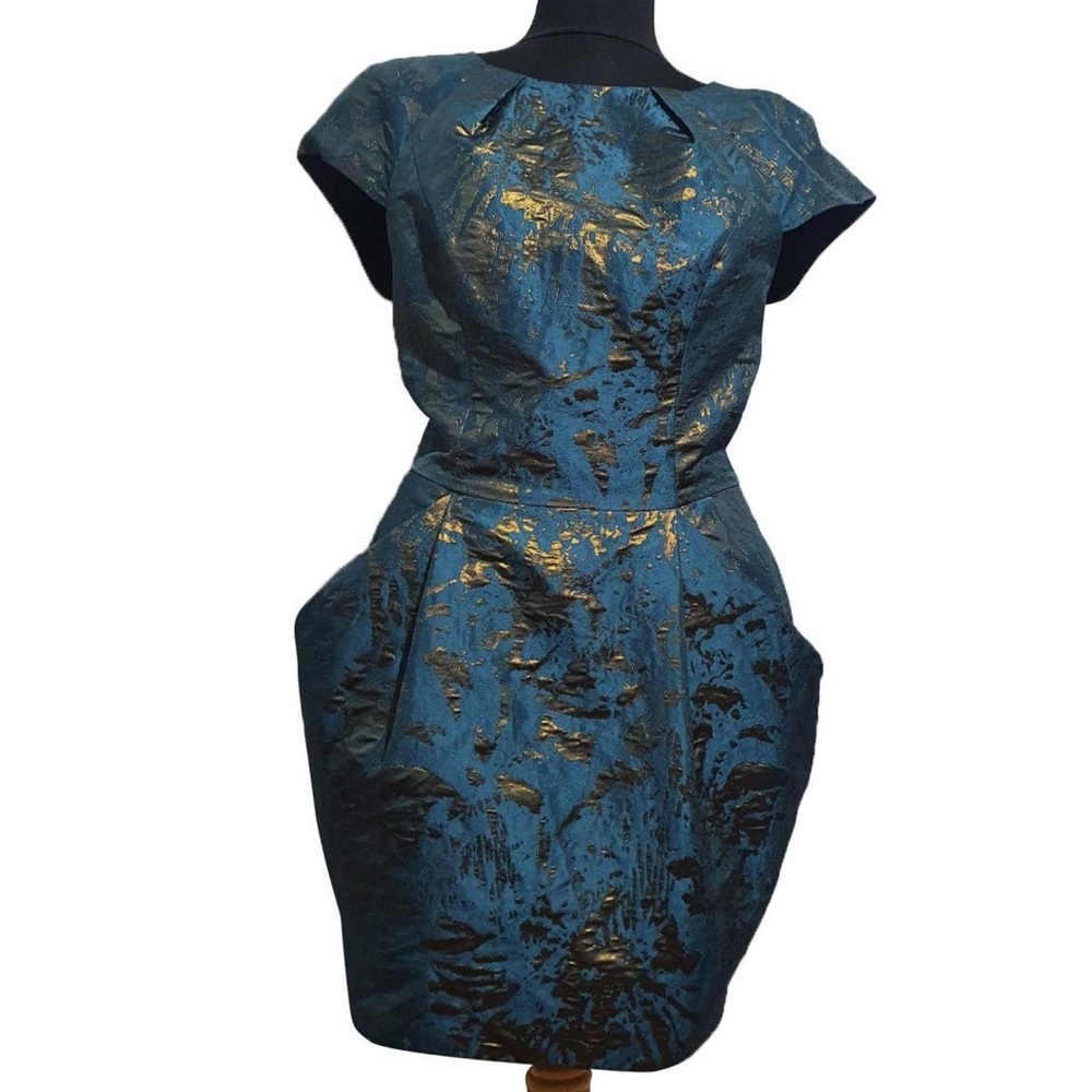 AllSaints Spitalfields Teal and Gold sheath cocktail Mini Dress